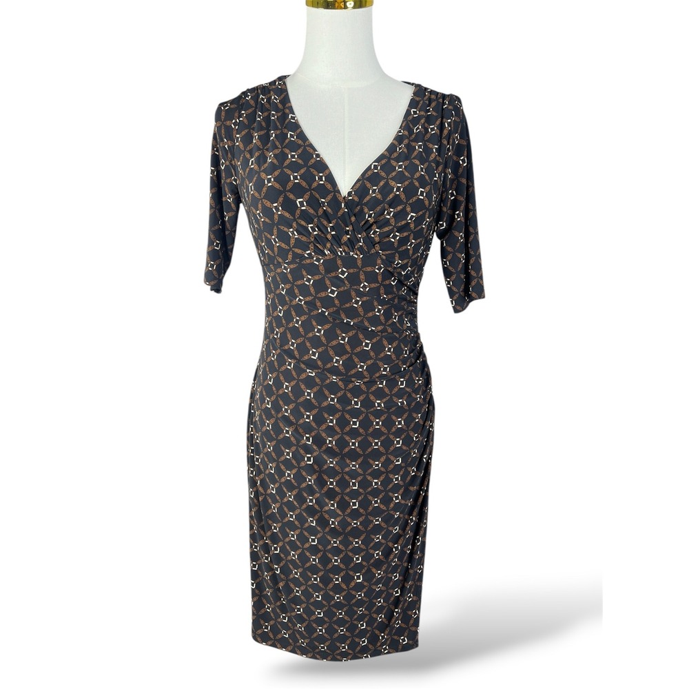 Lauren Ralph Lauren Navy Geometric Print Ruched V-Neck Sheath Dress 4P Petite